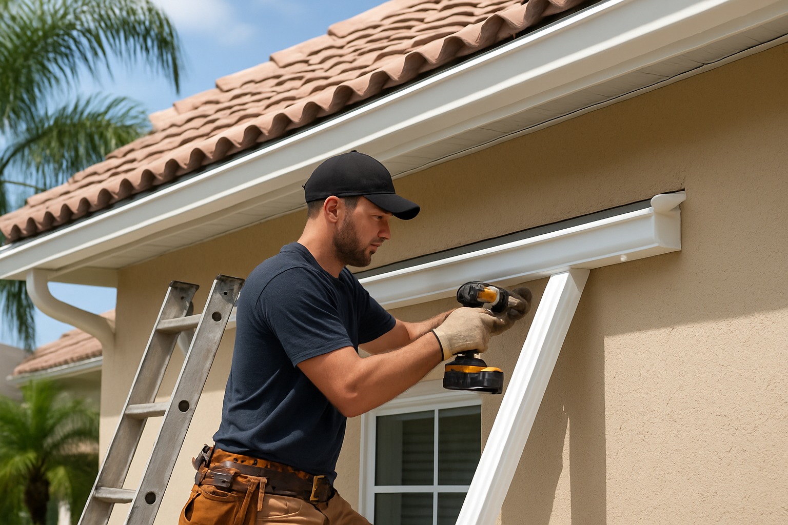 Instalación profesional de canaletas en una casa en Florida
